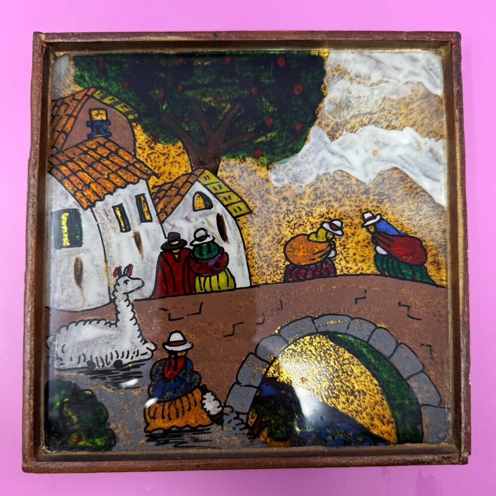 Small Vtg Peruvian Reverse Glass Art Painting Adobe Village Rustic Peru Folk Art